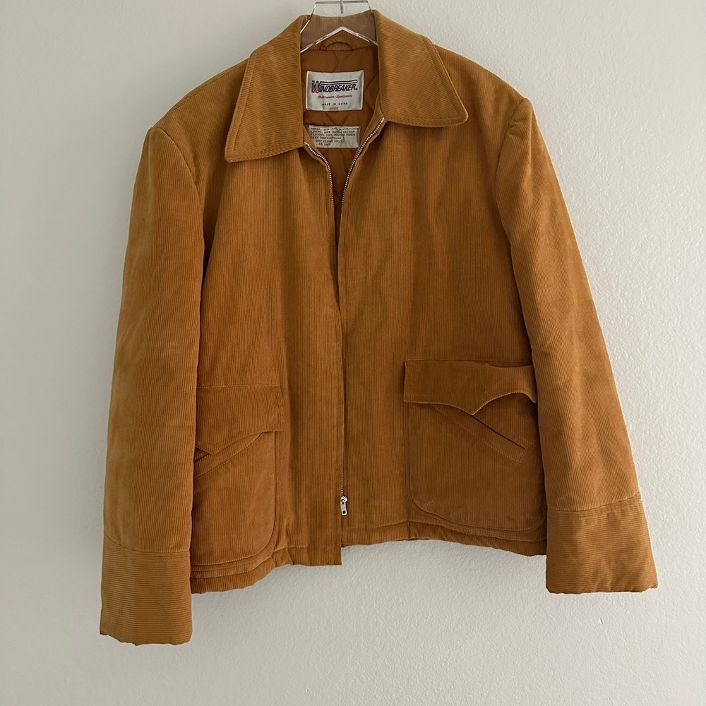 Vintage Windbreaker Corduroy Jacket Mens XL Mustard Tan Quilted Workwear Zip